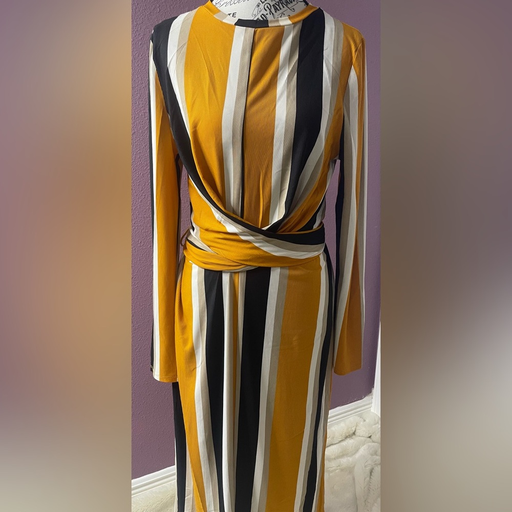Haute Monde Mustard and Black Striped Long Sleeve Dress